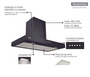 Coifa de Parede Dritta Black 90cm 220V - Tramontina