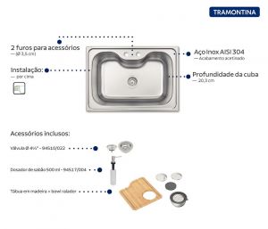Cuba Morgana 60 FX em Aço Inox com Dosador de sabão Tábua e Bowl Ralador- Tramontina- 93806/132